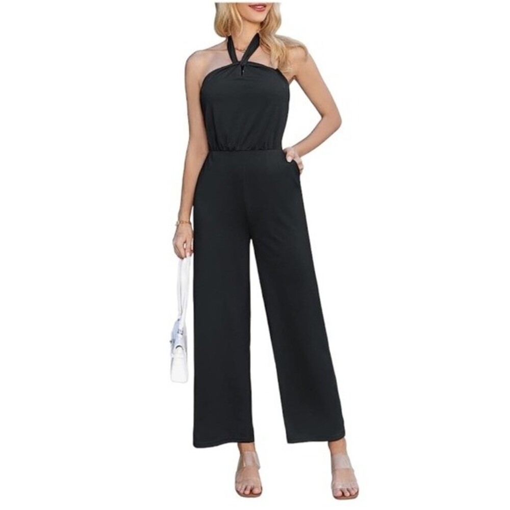Grace Karin Jumpsuit Womens L Black Halter Romper Pocket Wide Leg High Waist B3